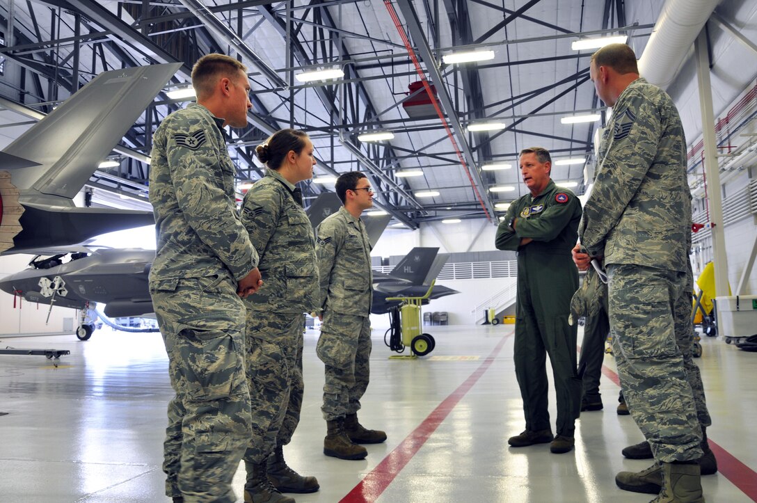 Reserve Airmen from the 419th Fighter Wing, Hill Air Force Base, give Maj. Gen. Derek Rydholm an overview of their F-35 operations. This included training for pilots and maintainers, construction projects for the new aircraft, and the Total Force partnership between the Reserve 419th FW and active-duty 388th FW.
