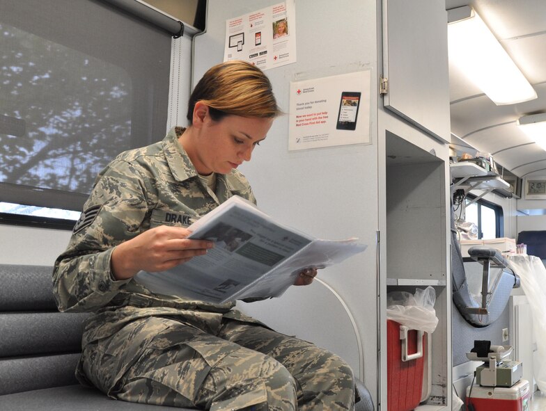 Staff. Sgt. Ellie Drake, 931st Air Refueling Group Emergency Management, waits her turn before donating blood, Oct. 3, 2015, at McConnell Air Force Base, Kan. The blood drive was organized by members of the 931st Air Refueling Group to benefit 15-year-old Mackenzie, the niece of Tech. Sgt. Stacey Spain, 931 ARG Emergency Management NCOIC. Mackenzie was diagnosed with Acute Myeloid Leukemia, and is receiving blood as part of her treatment. (U.S. Air Force photo by Tech. Sgt. Abigail Klein)
