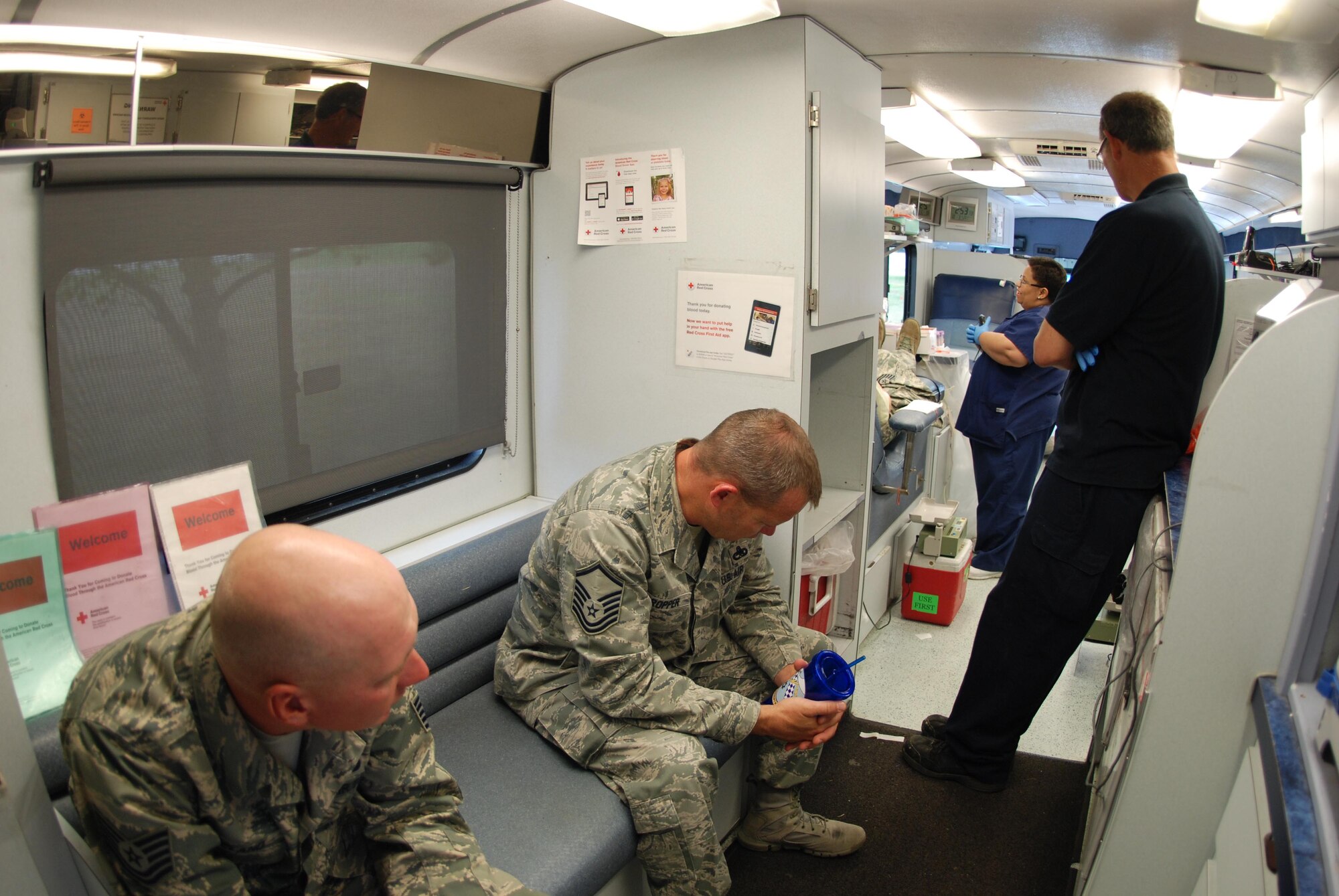 Members of the 931st Air Refueling Group wait their turn to donate blood, Oct. 3, 2015, McConnell Air Force Base, Kan. Twenty-three McConnell Reservists lined up to donate blood to aid the niece of Tech. Sgt. Stacey Spain, 931st Air Refueling Group Emergency Management NCOIC. (U.S. Air Force photo by Tech. Sgt. Abigail Klein)