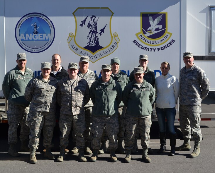 Members from the 120th Civil Engineer Squadron pose for a group photo February 2015. Thirty-eight members of the Montana Air National Guard deployed to Jacksonville, Fla., and integrated with the Florida Air National Guard for two weeks of specialty training at Camp Blanding. Front row: Tech. Sgt. Holly Griffin, Staff Sgt. Andrew Naumann, Staff Sgt. Marcus Jackson, Airman 1st Class Jacqueline LeBrun. Back row: 2nd Lt. Aaron Jewett, Staff Sgt. Mitchell Snead, Chief Master Sgt. James Long, Senior Airman Lizelle Lapuz, Airman 1st Class Alexander Jorgenson, Senior Master Sgt. Alison Allwine and Senior Master Sgt. Stephen Shovlin. (U.S. Air National Guard photo/Master Sgt. Anthony Barille)