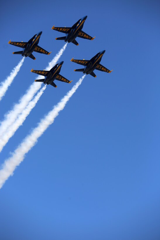 Four U.S. Navy Blue Angels perform an aerobatic maneuver during the 2015 MCAS Miramar Air Show aboard Marine Corps Air Station Miramar, Calif., Oct. 3. The Blue Angels show audiences around the world the capabilities of the armed forces’ aircraft. (U.S. Marine Corps photo by Sgt. Melissa Wenger/Released)