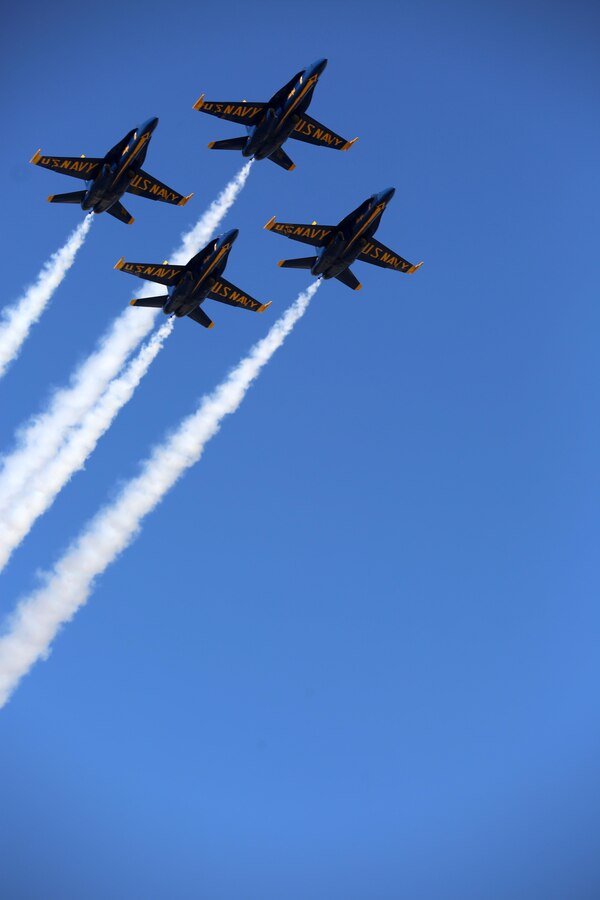 Four U.S. Navy Blue Angels perform an aerobatic maneuver during the 2015 MCAS Miramar Air Show aboard Marine Corps Air Station Miramar, Calif., Oct. 3. The Blue Angels show audiences around the world the capabilities of the armed forces’ aircraft. (U.S. Marine Corps photo by Sgt. Melissa Wenger/Released)
