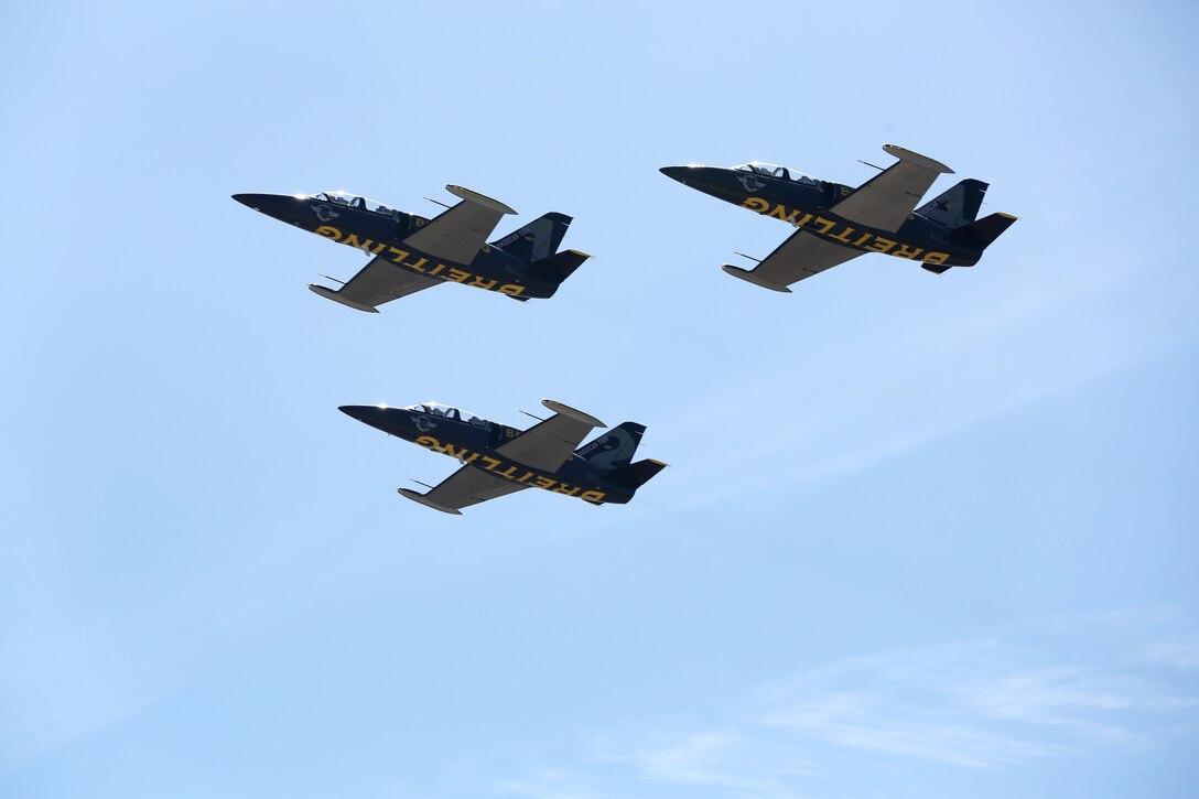 Three jets with the Breitling Jet Team fly over crowds during the 2015 MCAS Miramar Air Show aboard Marine Corps Air Station Miramar, Calif., Oct. 3. The jet team completed several aerobatic maneuvers during their Saturday appearance at the annual air show. (U.S. Marine Corps photo by Sgt. Michele Hunt/Released)