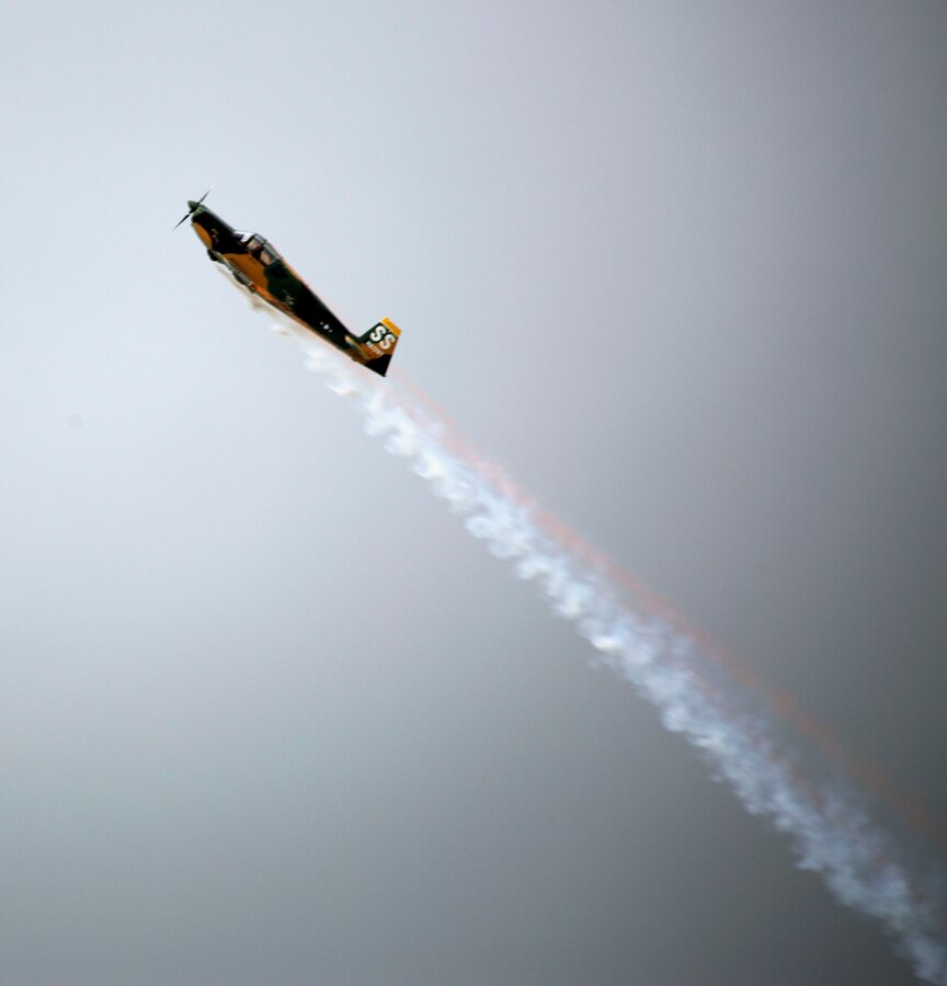 Pilot Steve Starvrakakis performs “A Tribute to the American Vet” in a Romanian IAR-823 during the 2015 MCAS Miramar Air Show aboard Marine Corps Air Station Miramar, California, Oct. 4. The IAR is painted in Air Force jungle camouflage colors and the markings of the 8th Special Operations Squadron stationed at Bien Hoa Air Base, Vietnam in 1970. (U.S. Marine Corps photo by Sgt. Uriel Avendano/Released)
