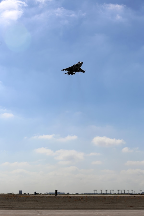 An AV-8B Harrier shows off its hovering and maneuvering capabilities for the crowd during the 2015 MCAS Miramar Air Show aboard Marine Corps Air Station Miramar, California, Oct. 3. The Harrier also demonstrated its combat use during the Marine Air-Ground Task Force demonstration. (U.S. Marine Corps photo by Sgt. Melissa Wenger/Released)