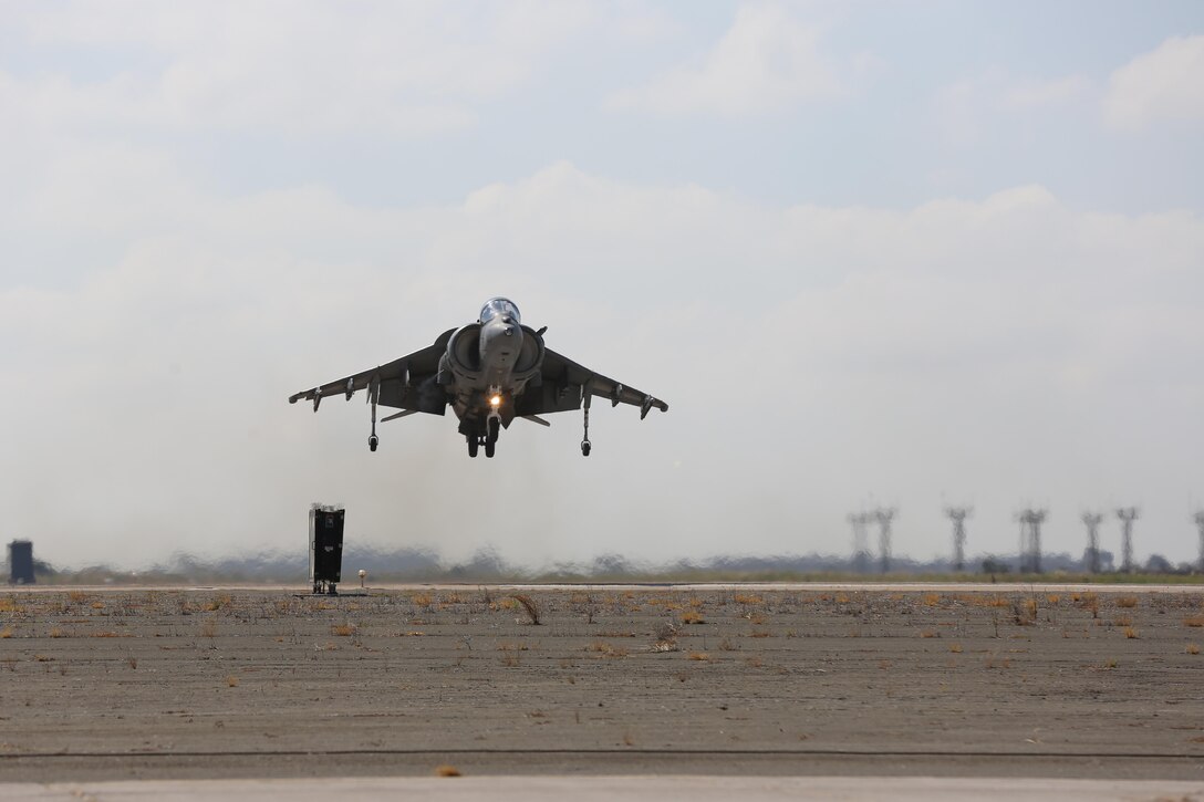 An AV-8B Harrier shows off its hovering and maneuvering capabilities for the crowd during the 2015 MCAS Miramar Air Show aboard Marine Corps Air Station Miramar, California, Oct. 3. The Harrier also demonstrated its combat use during the Marine Air-Ground Task Force demonstration. (U.S. Marine Corps photo by Sgt. Melissa Wenger/Released)