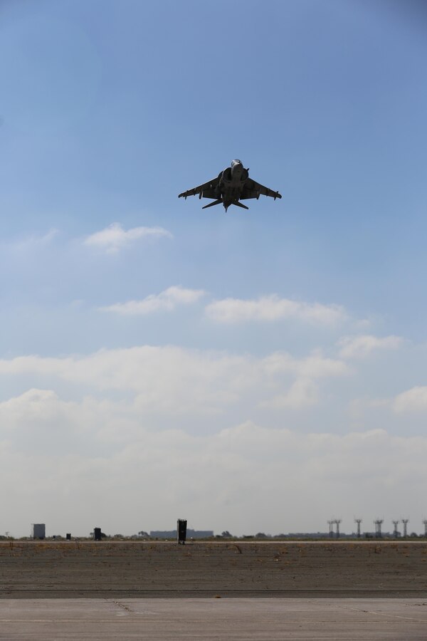 An AV-8B Harrier shows off its hovering and maneuvering capabilities for the crowd during the 2015 MCAS Miramar Air Show aboard Marine Corps Air Station Miramar, California, Oct. 3. The Harrier also demonstrated its combat use during the Marine Air-Ground Task Force demonstration. (U.S. Marine Corps photo by Sgt. Melissa Wenger/Released)