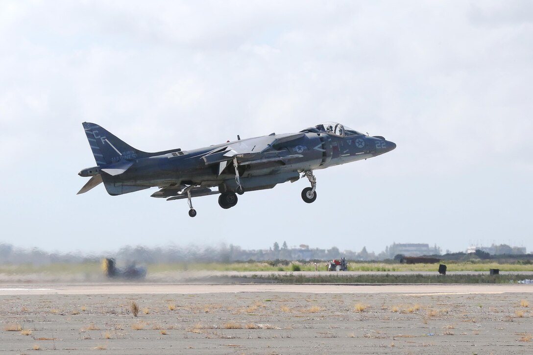 An AV-8B Harrier takes off during the 2015 MCAS Miramar Air Show aboard Marine Corps Air Station Miramar, Calif., Oct. 2. The Harrier was just one of the military aircraft showcased during the air show. (U.S. Marine Corps photo by Cpl. Asia J. Sorenson/Released)