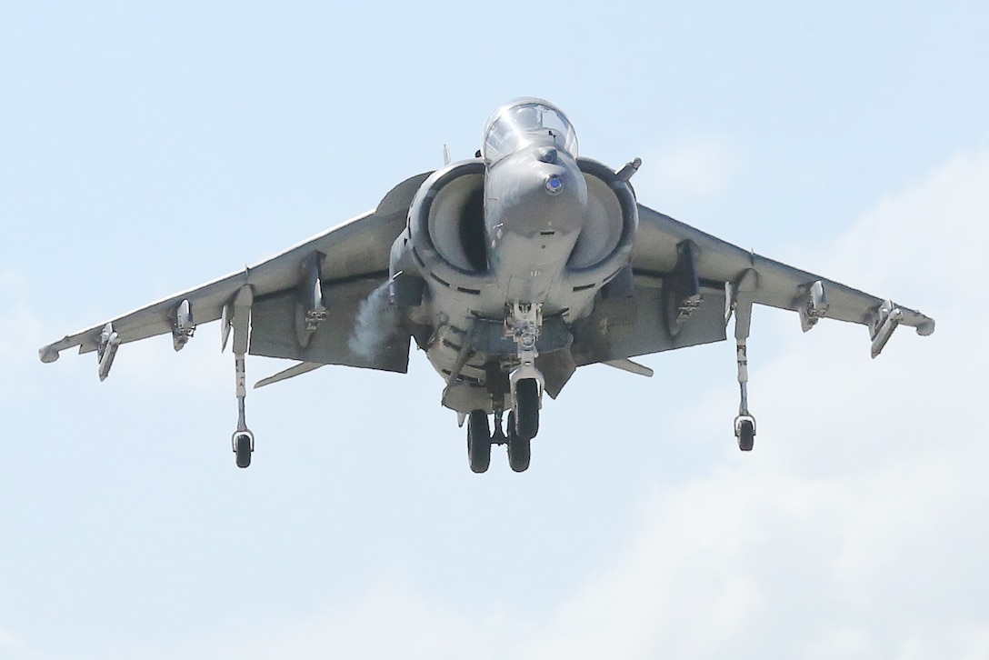 An AV-8B Harrier hovers during the 2015 MCAS Miramar Air Show aboard Marine Corps Air Station Miramar, Calif., Oct. 2. The Harrier was just one of the military aircraft showcased during the air show. (U.S. Marine Corps photo by Cpl. Asia J. Sorenson/Released)