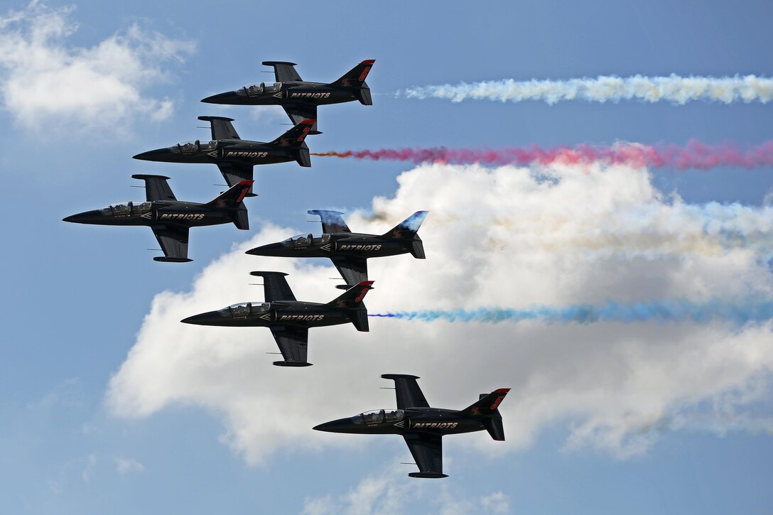 The Patriots Jet Team performs during the 2015 MCAS Miramar Air Show aboard Marine Corps Air Station Miramar, Calif., Oct. 2. The Patriots are a civilian performance team made up of L-39 Albatros jets modified for use in the air show circuit. (U.S. Marine Corps photo by Cpl. Shaltiel Dominguez/Released)