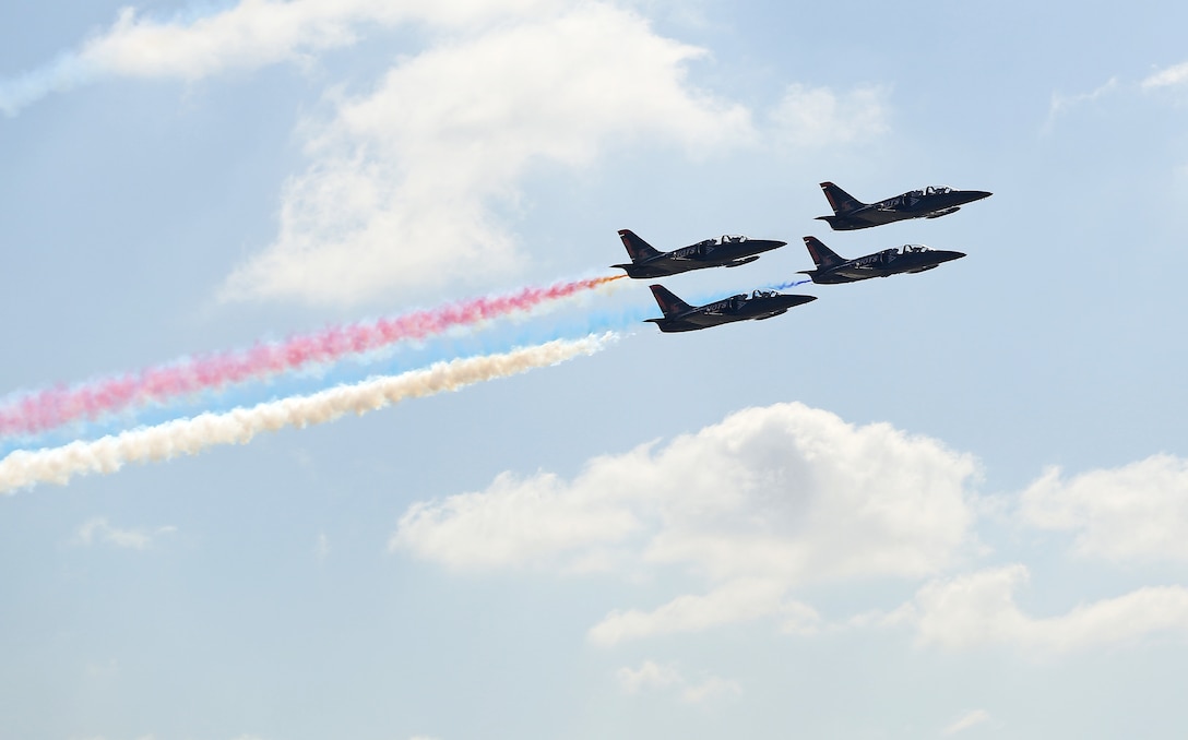 The Patriots Jet Team performs during the 2015 MCAS Miramar Air Show aboard Marine Corps Air Station Miramar, Calif., Oct. 2. The Patriots are a civilian performance team made up of L-39 Albatros jets modified for use in the air show circuit. (U.S. Marine Corps photo by Cpl. Shaltiel Dominguez/Released)
