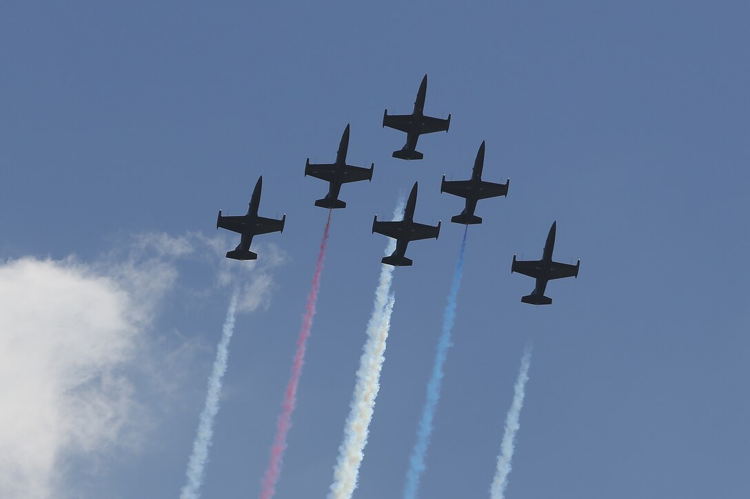 The Patriots Jet Team performs during the 2015 MCAS Miramar Air Show aboard Marine Corps Air Station Miramar, Calif., Oct. 2. The Patriots are a civilian performance team made up of L-39 Albatros jets modified for use in the air show circuit. (U.S. Marine Corps photo by Cpl. Shaltiel Dominguez/Released)