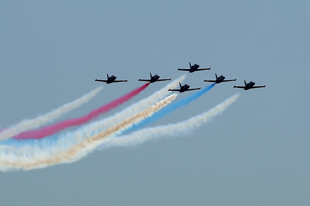 The Patriots Jet Team performs during the 2015 MCAS Miramar Air Show aboard Marine Corps Air Station Miramar, Calif., Oct. 2. The Patriots are a civilian performance team made up of L-39 Albatros jets modified for use in the air show circuit. (U.S. Marine Corps photo by Cpl. Shaltiel Dominguez/Released)