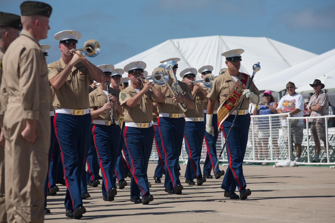 The 3rd Marine Aircraft Wing Band performs during the opening ceremony of the 2015 MCAS Miramar Air Show aboard Marine Corps Air Station Miramar, Calif., Oct. 2. Demonstrations and static displays followed the kick-off ceremony for the world’s largest military air show. (U.S. Marine Corps photo by Sgt. Michele Hunt/Released)