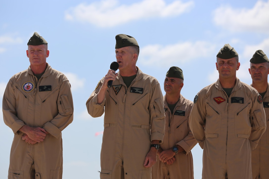 Col. Jason Woodworth, commanding officer of Marine Corps Air Station Miramar, Calif., welcomes audience members at the 2015 MCAS Miramar Air Show aboard the air station, Oct. 2. The air show began with an opening ceremony followed by the Marine Air Ground Task Force demonstration. (U.S. Marine Corps photo by Sgt. Melissa Wenger/Released)