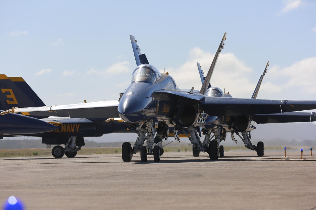 U.S. Navy Blue Angels taxis down the runway during the 2015 MCAS Miramar Air Show aboard Marine Corps Air Station Miramar, California, Oct. 2. The Blue Angels’ show includes an F/A-18 Hornet formation and the C-130T Hercules “Fat Albert.” (U.S. Marine Corps photo by Lance Cpl. Kimberlyn Adams/Released)