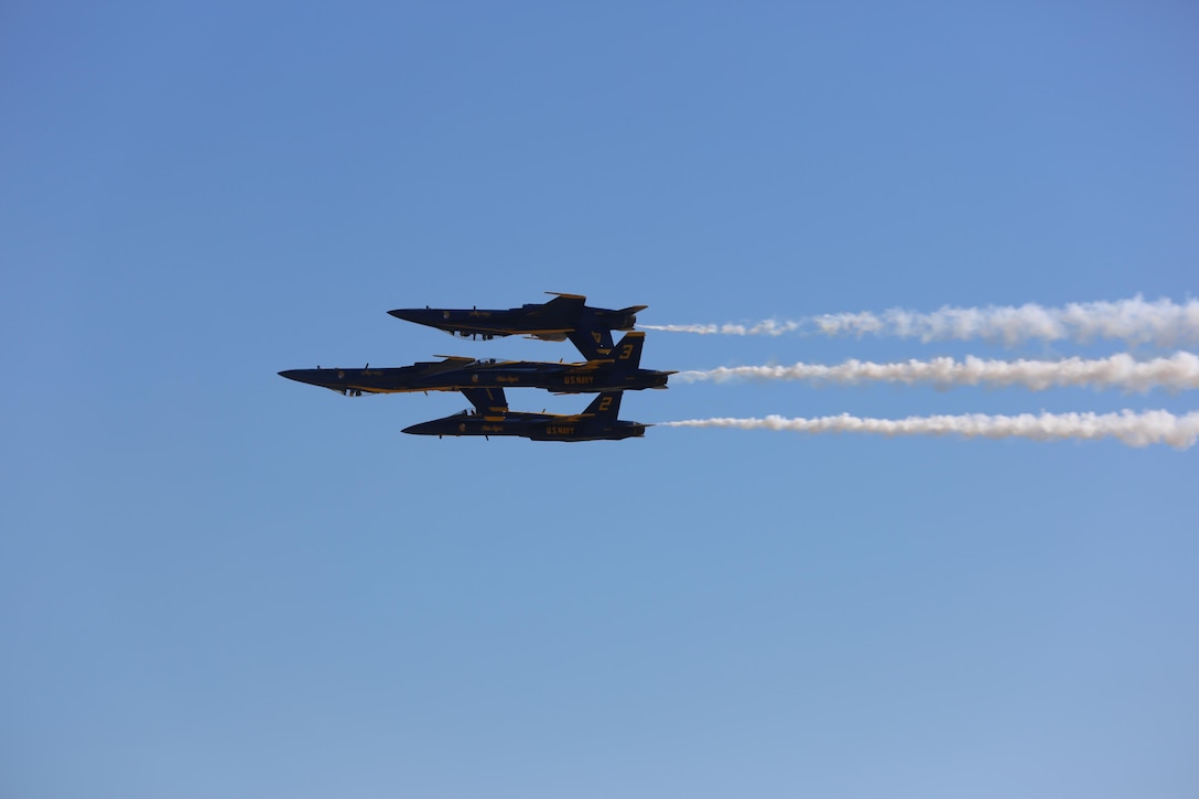 The U.S. Navy Blue Angels perform at the 2015 MCAS Miramar Air Show aboard Marine Corps Air Station Miramar, Calif., Oct. 2. The Blue Angels show audiences around the world the capabilities of the armed forces’ aircraft. (U.S. Marine Corps photo by Lance Cpl. Kimberlyn Adams/Released)