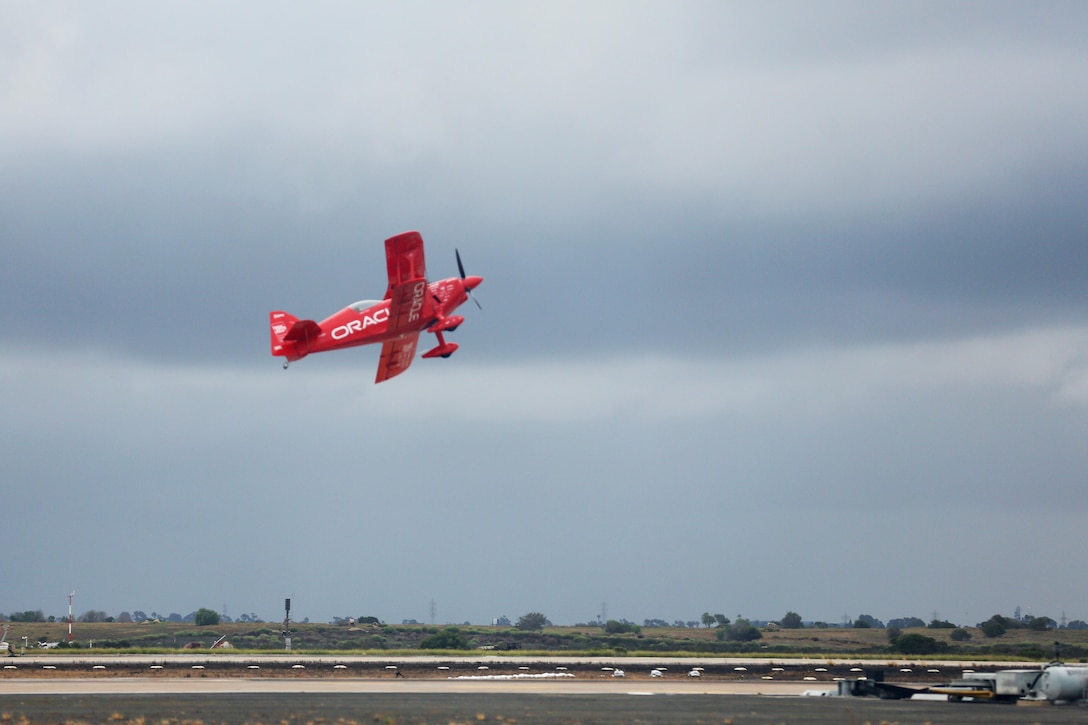 Sean D. Tucker, Oracle Challenger pilot, soars through the sky during the 2015 MCAS Miramar Air Show aboard Marine Corps Air Station Miramar, Calif., Oct. 4. The Oracle Challenger was one of many aerial performances scheduled for the air show. (U.S. Marine Corps photo by Sgt. Michele Hunt/Released)
