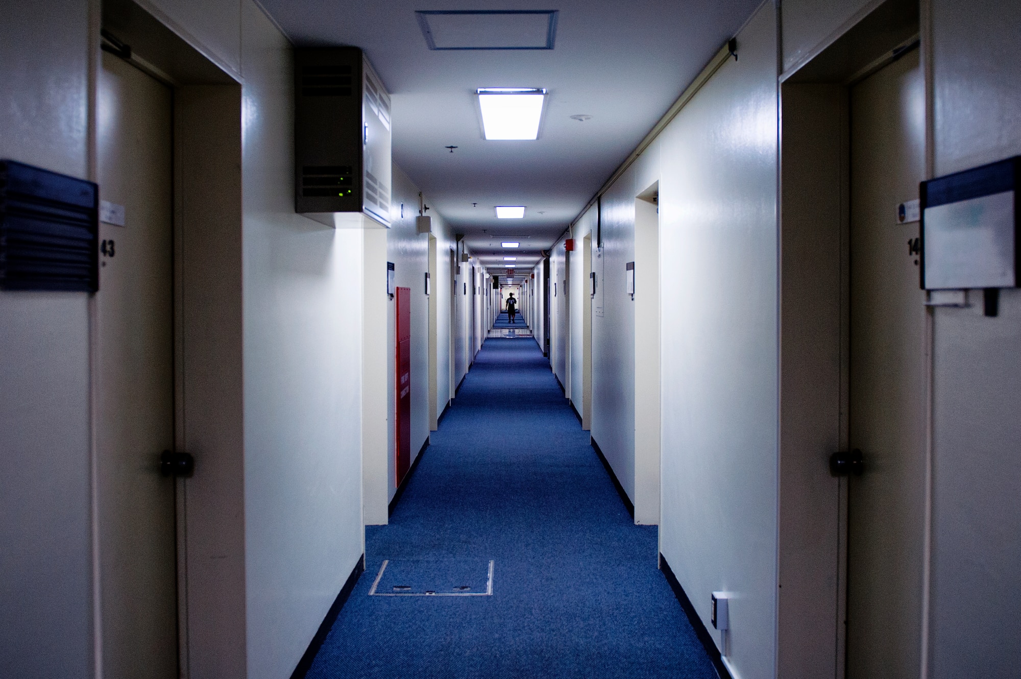 A view of the interior of Hiebert Hall at Yokota Air Base, Japan, Oct. 1, 2015. Recent dormitory renovation projects have helped ensure that Yokota Airmen are well cared for and that their quality of life remains a top priority. Amongst the number of improvements to the dorms included the installation of fiber internet, new carpet and a fresh paint job of the dorms' interior. (U.S. Air Force photo by Airman 1st Class Delano Scott/Released)