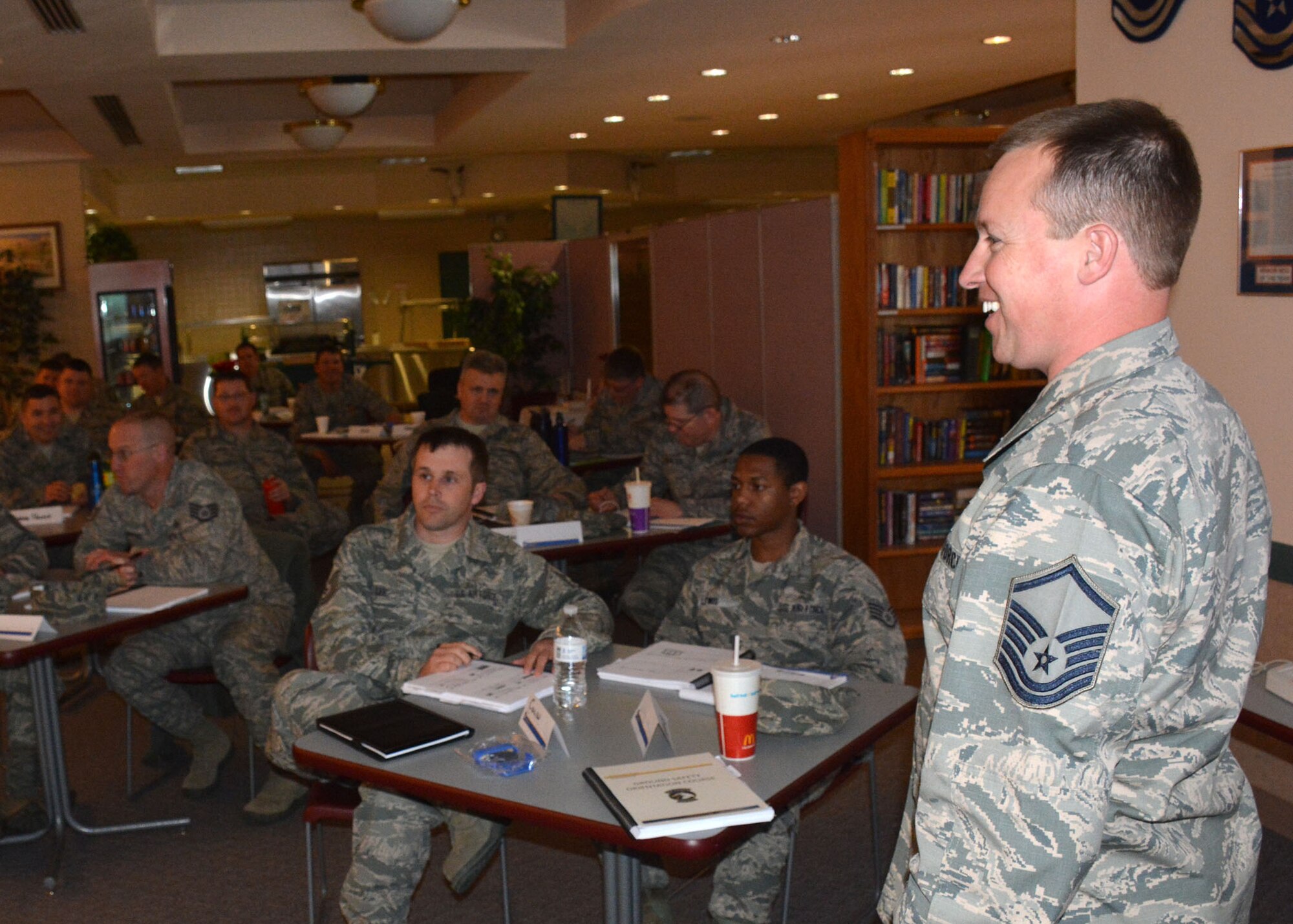 Master Sgt. Jason Ramsey, 172nd Airlift Wing, presents safety information to Air National Guard members attending a ground safety orientation course held at the 120th Airlift Wing in Great Falls, Mont. on May 6, 2015. (U.S. Air National Guard photo/Senior Master Sgt. Eric Peterson)

