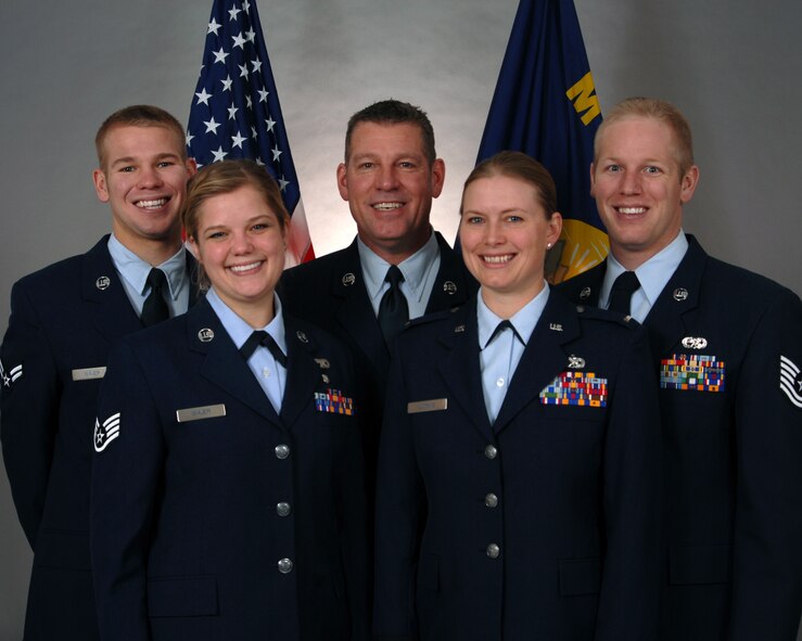 Five members of the Wajer family have served over 58 years of military service, with 41 of the years with the Montana Air National Guard. Left to right are Airman First Class Adam Wajer, Staff Sgt. Ashlee Wajer, retired Master Sgt. Michael Wajer, 1st Lt. Tammy Wajer, and Tech. Sgt. Andrew Wajer. (U.S. Air National Guard photo/Senior Master Sgt. Eric Peterson)
