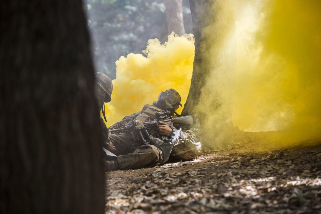 Republic of Korea Marine Lance Cpl. Jun Shin, left, provides buddy aid to a U.S. Marine during a gas attack drill as part of Korean Marine Exchange Program 15-12 at Gunha-Rhi, Republic of Korea, Sept. 17, 2015. The U.S. and ROK Marines practiced quickly putting on their gas mask and carrying the simulated wounded to safety. KMEP 15-12 is an exercise in a series of continuous bilateral training exercises that enhances the ROK and U.S. alliance, promotes stability on the Korean Peninsula and strengthens ROK and U.S. military capabilities and interoperability. Shin is with 2nd Company, 11th Battalion, 1st Regiment, 2nd Marine Division, ROK Headquarters Marine Corps. The U.S. Marines are with Fox Company, 2nd Battalion, 3rd Marine Regiment, currently assigned to 4th Marine Regiment, 3rd Marine Division, III Marine Expeditionary Force under the unit deployment program.