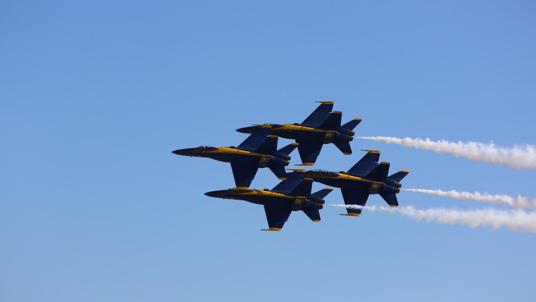 U.S. Navy Blue Angels perform at the 2015 MCAS Miramar Air Show at Marine Corps Air Station Miramar, California, Oct. 2. Sixteen pilots volunteer to fly in the formation of F/A-18 Hornets to show audiences around the world the capabilities of the armed forces’ aircraft.