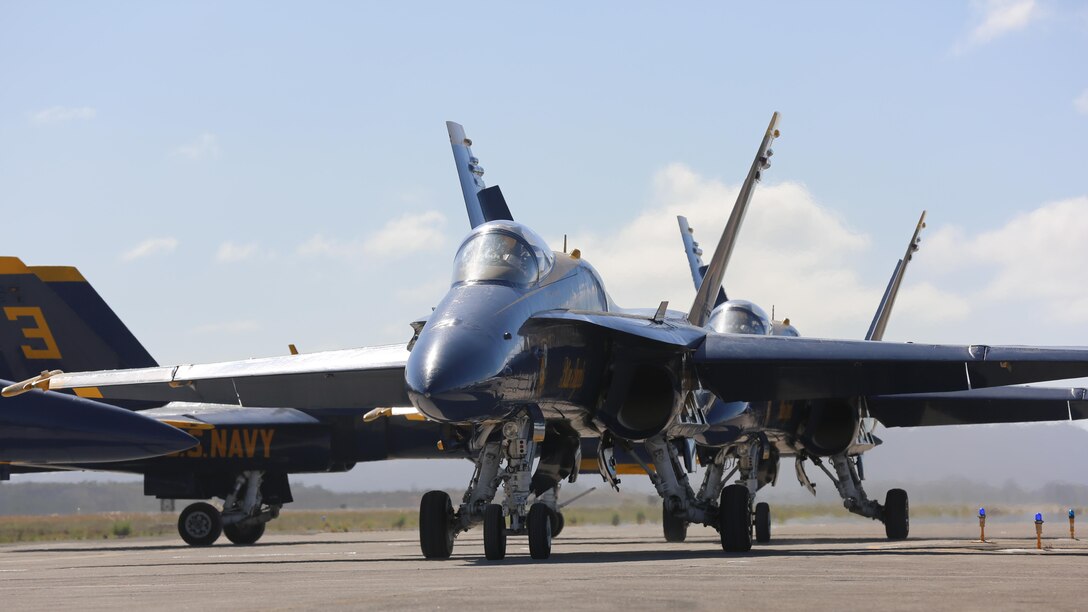 U.S. Navy Blue Angels taxis down the runway during the 2015 MCAS Miramar Air Show at Marine Corps Air Station Miramar, California, Oct. 2. The Blue Angels’ show includes an F/A-18 Hornet formation and the C-130T Hercules “Fat Albert.”