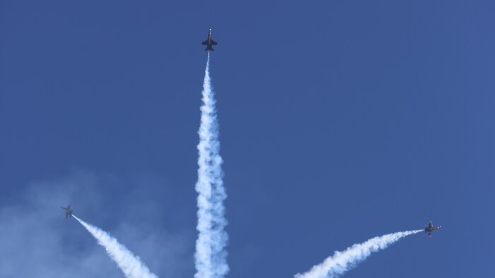 U.S. Navy Blue Angels perform aeriel manuevers at the 2015 MCAS Miramar Air Show at Marine Corps Air Station Miramar, California, Oct. 2. Sixteen pilots volunteer to fly in the formation of F/A-18 Hornets to show audiences around the world the capabilities of the armed forces’ aircraft.