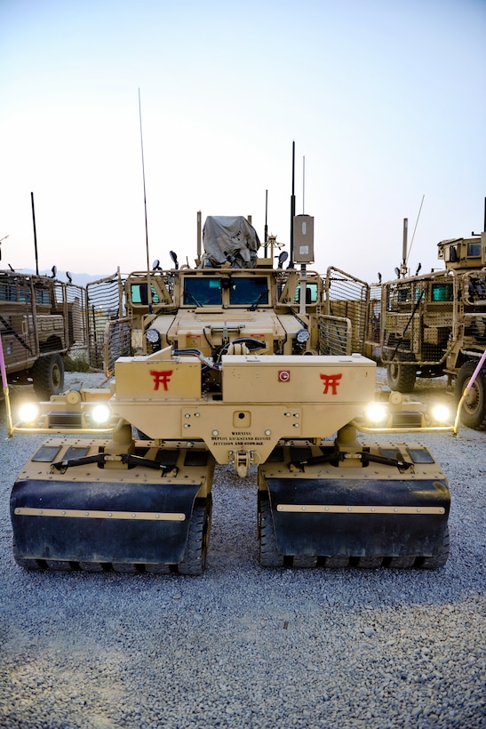 U.S. soldiers prepare their vehicles, equipment, and weapons systems before a route clearance mission on Bagram Airfield, Afghanistan, Sept. 18, 2015. U.S. Army Photo by Sgt. 1st Class David Wheeler