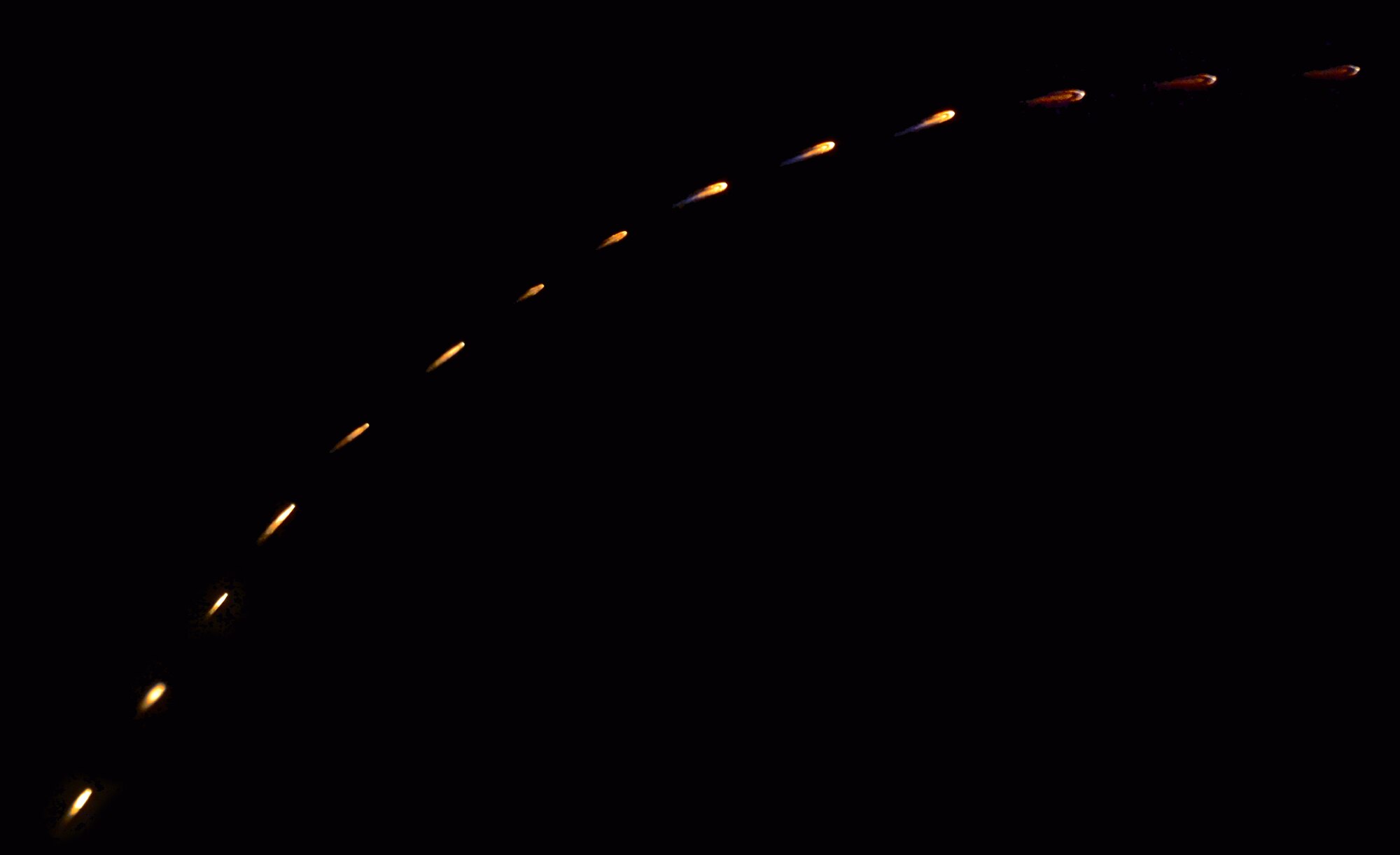 PATRICK AIR FORCE BASE, Fla. -- A United Launch Alliance Atlas V rocket lifted off succsessfully from Launch Complex 41 at nearby Cape Canaveral Air Force Station at 6:28 a.m. today. Pictured, a string of 14 consecutive images of the launch, stitched together to show the gentle arc the rocket carved on its way to space. Onboard, the Morelos-3 communications satellite for Mexico's Ministry of Communications and Transportation. It was ULA's 100th launch. (U.S. Air Force photo illustration/Master Sgt. Paul Flipse)