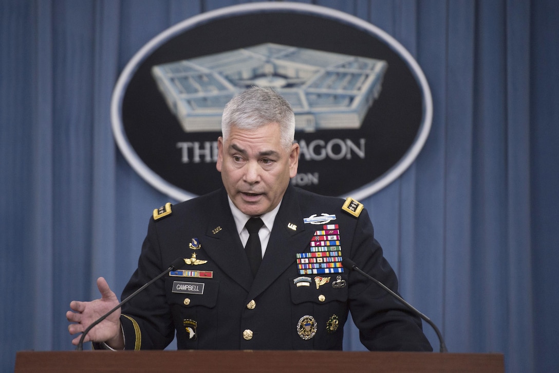 Army Gen. John F. Campbell, commander of U.S. forces in Afghanistan, conducts a press briefing at the Pentagon, Oct. 5, 2015. DoD photo by Senior Master Sgt. Adrian Cadiz