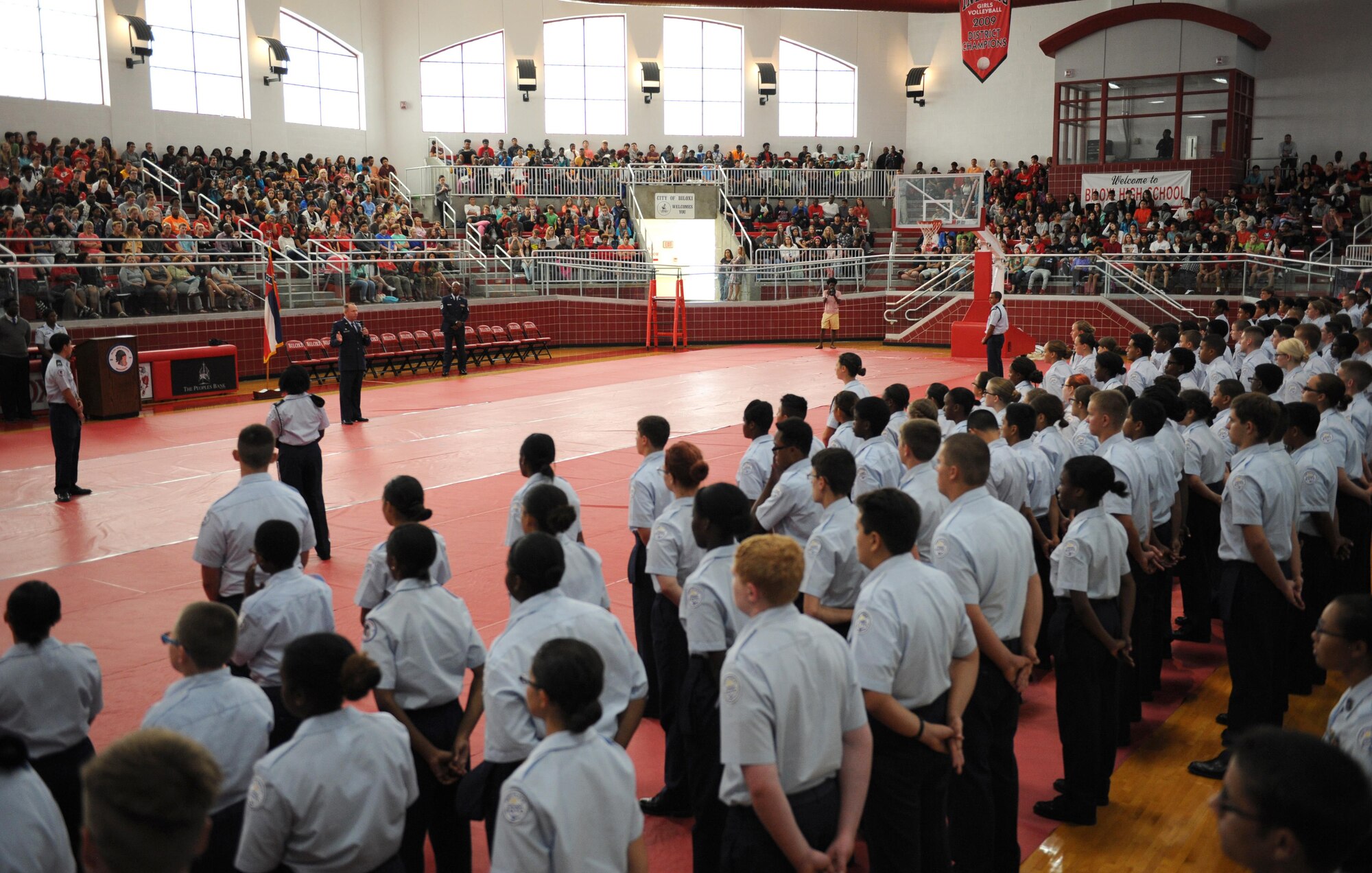 Col. Scott Solomon, 81st Training Group commander, addresses cadets and the audience during the Biloxi High School Cadet Oath ceremony at Biloxi High School, Sept. 30, 2015, Biloxi, Miss. Solomon delivered the oath to more than 100 Junior ROTC cadets. (U.S. Air Force photo by Kemberly Groue)