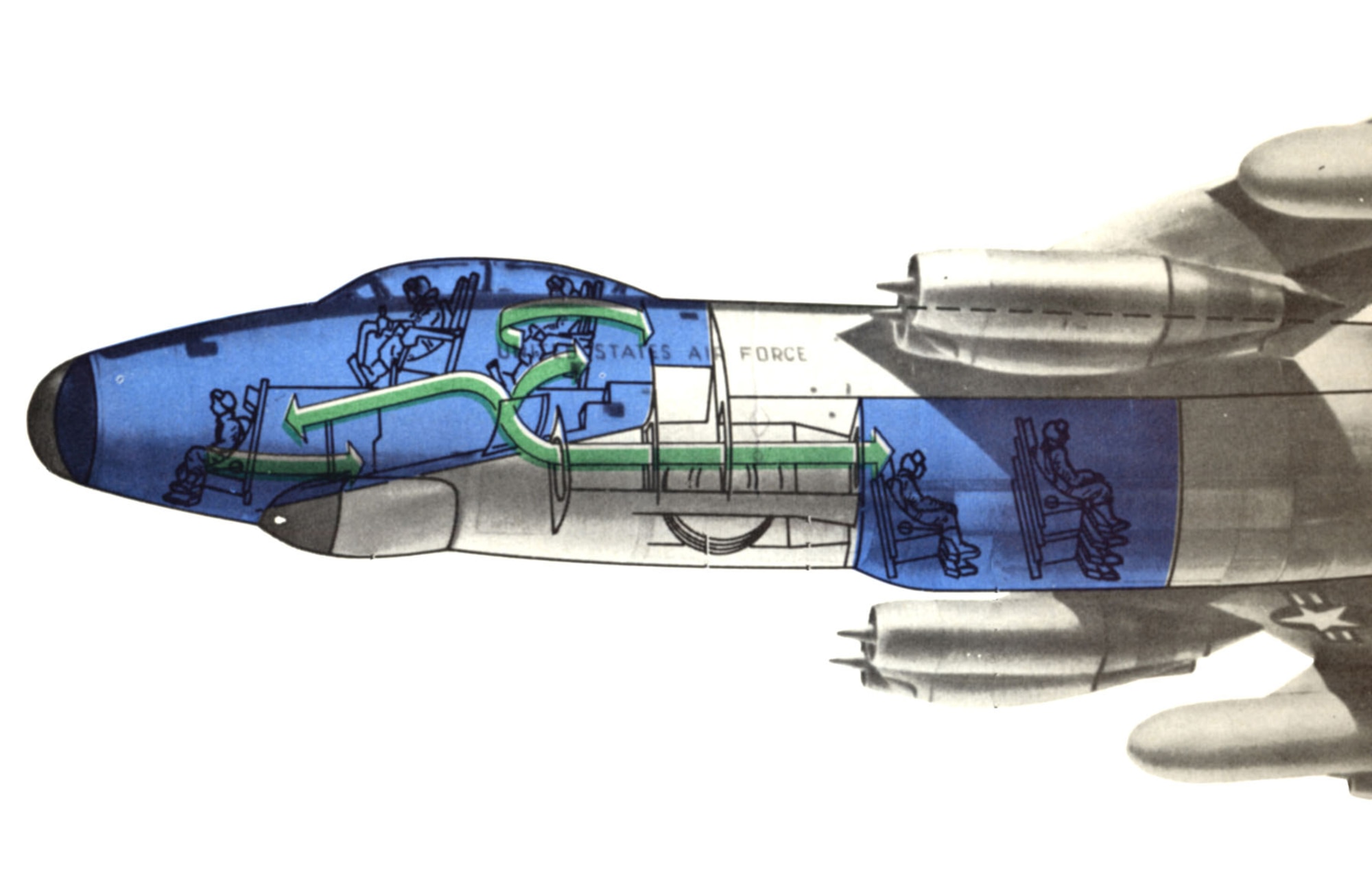 The RB-47H carried a crew of six, with the pilot, co-pilot and navigator in a pressurized section in the nose. The three electronic warfare officers (EWOs), also known as “Ravens” or “Crows,” were stationed in what would be the bomb bay in a normal B-47. On typical missions, the EWOs spent about 12-14 hours working in this confined, windowless compartment, completely surrounded by electronic equipment.