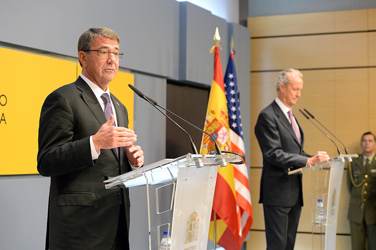 U.S. Defense Secretary Ash Carter speaks during a press conference with Spanish Defense Minister Pedro Morenes in Madrid, Oct. 5, 2015. DoD photo by U.S. Army Sgt. 1st Class Clydell Kinchen