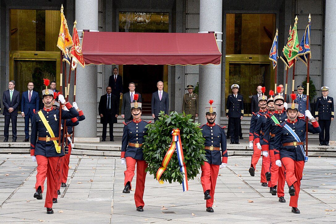 U.S. Defense Secretary Ash Carter, background, left center, and Spanish Defense Minister Pedro Morenes watch as troops carry a wreath during a ceremony in Madrid, Oct. 5, 2015. DoD photo by U.S. Army Sgt. 1st Class Clydell Kinchen