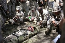 Marines assigned to Headquarters Company, Headquarters Battalion, 1st Marine Division are taught the proper method of fastening a Marine to a litter system during phase one of Mountain Warfare Training Exercise 5-15 aboard Marine Corps Mountain Warfare Training Center Bridgeport, Calif., Sept. 6, 2015. Phase one of MTNEX required the Marines and Sailors to participate in hands-on instruction which gave them the necessary skills used to conduct the rest of the exercise and to survive the austere, mountainous environment. (U.S. Marine Corps photo by Cpl. Will Perkins/Released)