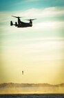 A special forces member is recovered from the water by a CV-22B Osprey during a rescue misison demonstration at the honorary commanders change of command ceremony on Hurlburt Field, Fla., Sept. 25, 2015. The honorary commander program allows local community leaders frequent opportunities to visit Hurlburt Field and learn about the mission, participate in base functions and to express their views on issues of mutual concern. (U.S. Air Force photo by Senior Airman Meagan Schutter)