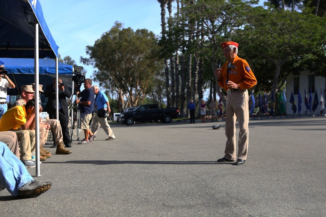 Roy Hawthorne, a retired Navajo Code Talker, gives thanks to those in attendance during a tour with the Navajo Nation aboard Marine Corps Base Camp Pendleton, Calif., Sept. 28, 2015. Navajo Code Talkers were first put into action during World War II in early 1942 to establish an undecipherable code which could be used in combat environments to communicate sensitive information.