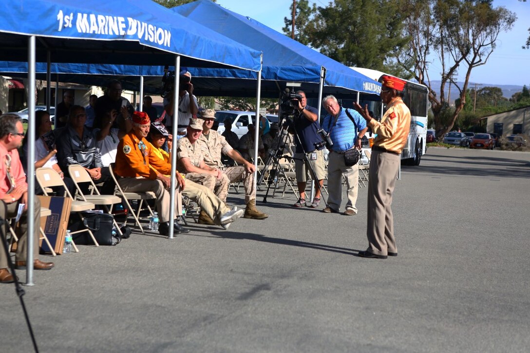 Sam Holiday, a retired Navajo Code Talker, gives thanks to those in attendance during a tour with the Navajo Nation aboard Marine Corps Base Camp Pendleton, Calif., Sept. 28, 2015. Navajo Code Talkers were first put into action during World War II in early 1942 to establish an undecipherable code which could be used in combat environments to communicate sensitive information. (U.S. Marine Corps photo by Cpl. Demetrius Morgan/RELEASED)