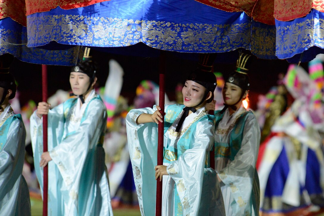 Korean traditional dancers perform at the opening ceremony of the 2015 6th Conseil International du Sport Militaire (CISM) World Games in Mungyeong, South Korea, Oct. 2, 2015. DoD photo by Gary Sheftick