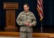 U.S. Air Force Maj. Gen. James Hecker, 19th Air Force commander, briefs Airmen from the 97th Air Mobility Wing during a commander’s call at the Freedom Community Center, Oct. 2, 2015. Hecker spoke to Airmen about his vision for the 97th AMW to keep moving forward. (U.S. Air Force photo by Airman 1st Class Kirby Turbak/Released)