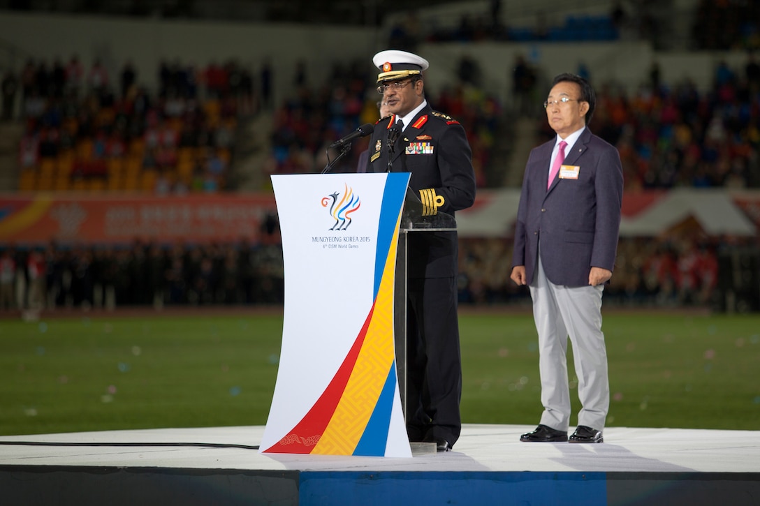 A senior military Conseil International du Sport Militaire (CISM) World Games member addresses athletes from over 100 nations who joined together for the opening ceremony of the 2015 6th CISM World Games in Mungyeong, South Korea, Oct. 2, 2015. U.S. Marine Corps photo by Cpl. Jordan Gilbert