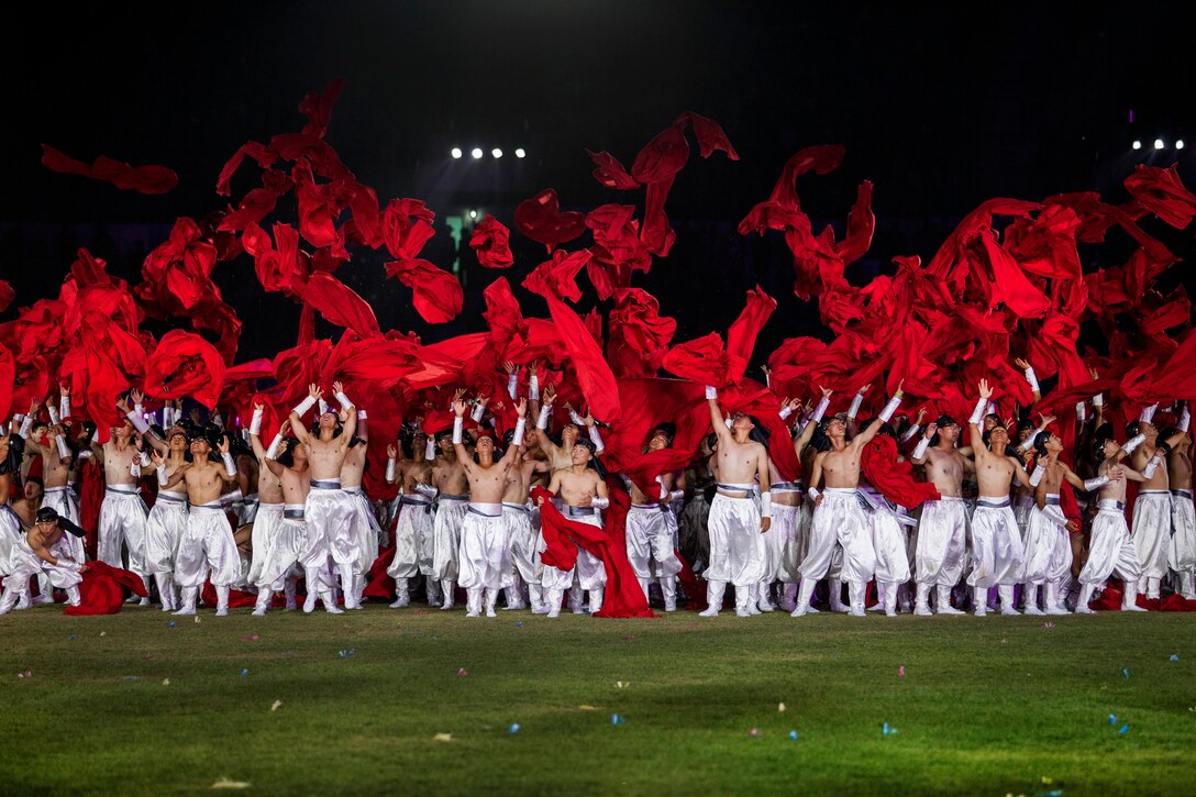 South Korean traditional dancers perform for athletes of over 100 nations who joined together for the opening ceremony of the 2015 6th Conseil International du Sport Militaire (CISM) World Games in Mungyeong, South Korea, Oct. 2, 2015. U.S. Marine Corps photo by Cpl. Jordan Gilbert