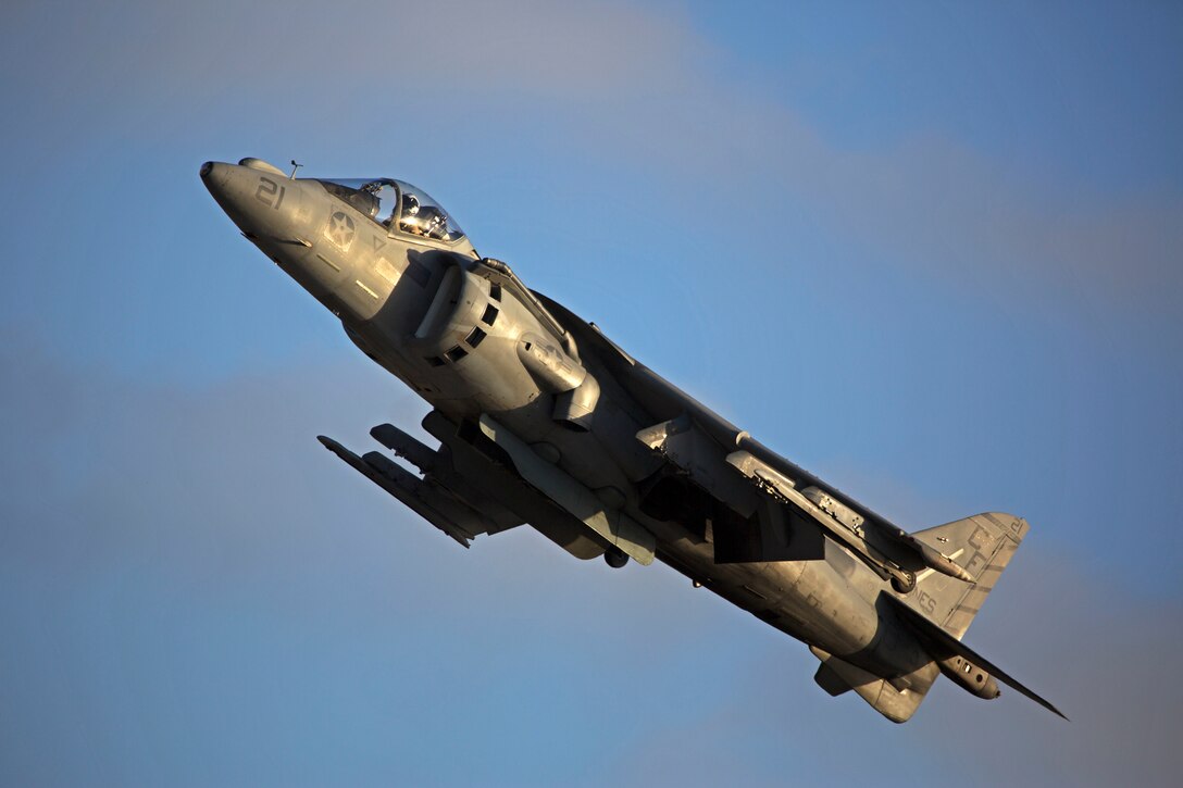 An AV-8B Harrier shows off its hovering and maneuvering capabilities for the crowd during the 2015 MCAS Miramar Air Show aboard Marine Corps Air Station Miramar, California, Oct. 3. (U.S. Marine Corps photo by Sgt. Uriel Avendano/Released)