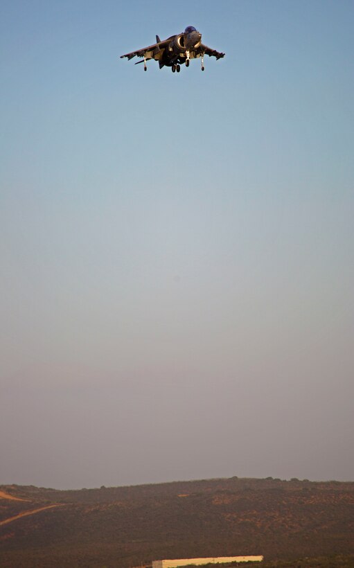 An AV-8B Harrier shows off its hovering and maneuvering capabilities for the crowd during the 2015 MCAS Miramar Air Show aboard Marine Corps Air Station Miramar, Calif., Oct. 3. The Harrier was just one of the military aircraft showcased during the air show. (U.S. Marine Corps photo by Sgt. Uriel Avendano/Released)