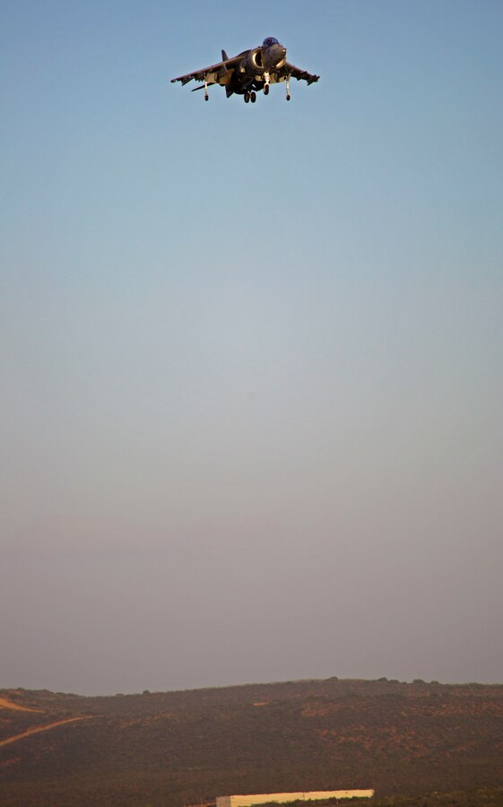 An AV-8B Harrier shows off its hovering and maneuvering capabilities for the crowd during the 2015 MCAS Miramar Air Show aboard Marine Corps Air Station Miramar, Calif., Oct. 3. The Harrier was just one of the military aircraft showcased during the air show. (U.S. Marine Corps photo by Sgt. Uriel Avendano/Released)