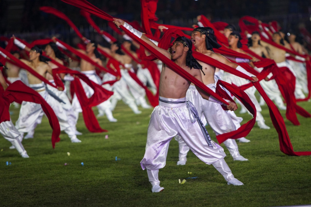 Korean traditional dancers perform at the opening ceremony of the 2015 6th Conseil International du Sport Militaire (CISM) World Games in Mungyeong, South Korea, Oct. 2, 2015. U.S. Marine Corps photo by Sgt. Ashley Cano