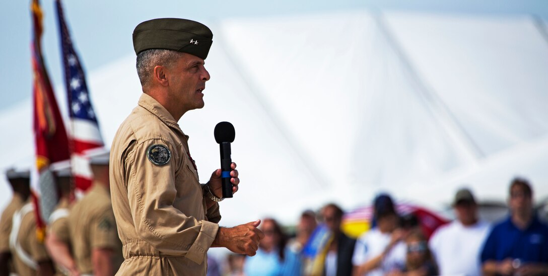 Maj. Gen. Michael Rocco, commanding general of the 3rd Marine Aircraft Wing, welcome audience members at the 2015 MCAS Miramar Air Show aboard Marine Corps Air Station Miramar, Calif., Oct. 3. The air show began with an opening ceremony followed by the Marine Air Ground Task Force demonstration. (U.S. Marine Corps photo by Sgt. Uriel Avendano/Released)