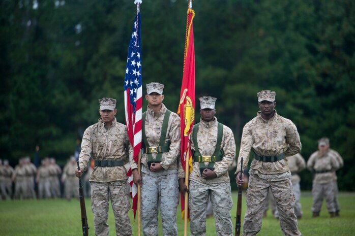 Marines post the colors during the Combat Logistics Battalion 8’s reactivation ceremony at Camp Lejeune, N.C., Oct. 1, 2015. The unit’s reactivation allows 2nd MLG to provide direct support to all of 2nd Marine Division’s infantry units, and it is scheduled to take over the logistics command element of Special Purpose Marine Air Ground Task Force-Africa in 2017. (U.S. Marine Corps photo by Cpl. Fatmeh Saad/Released)
